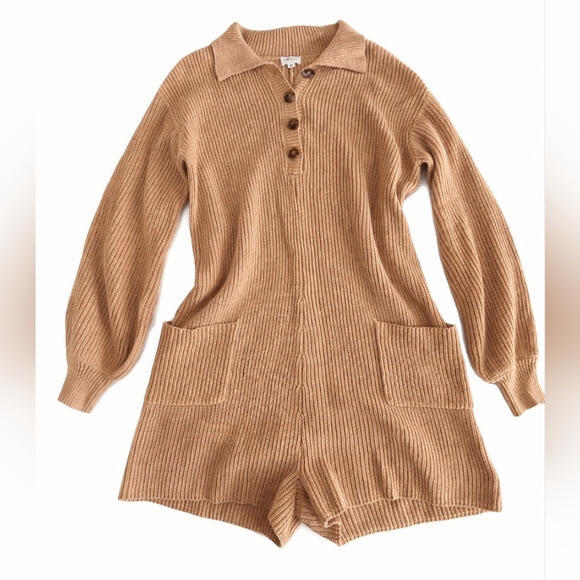 Le Lis Ribbed Knit Sweater Romper Collared Button Front Cozy Neutral Coastal Sm - Picture 10 of 11